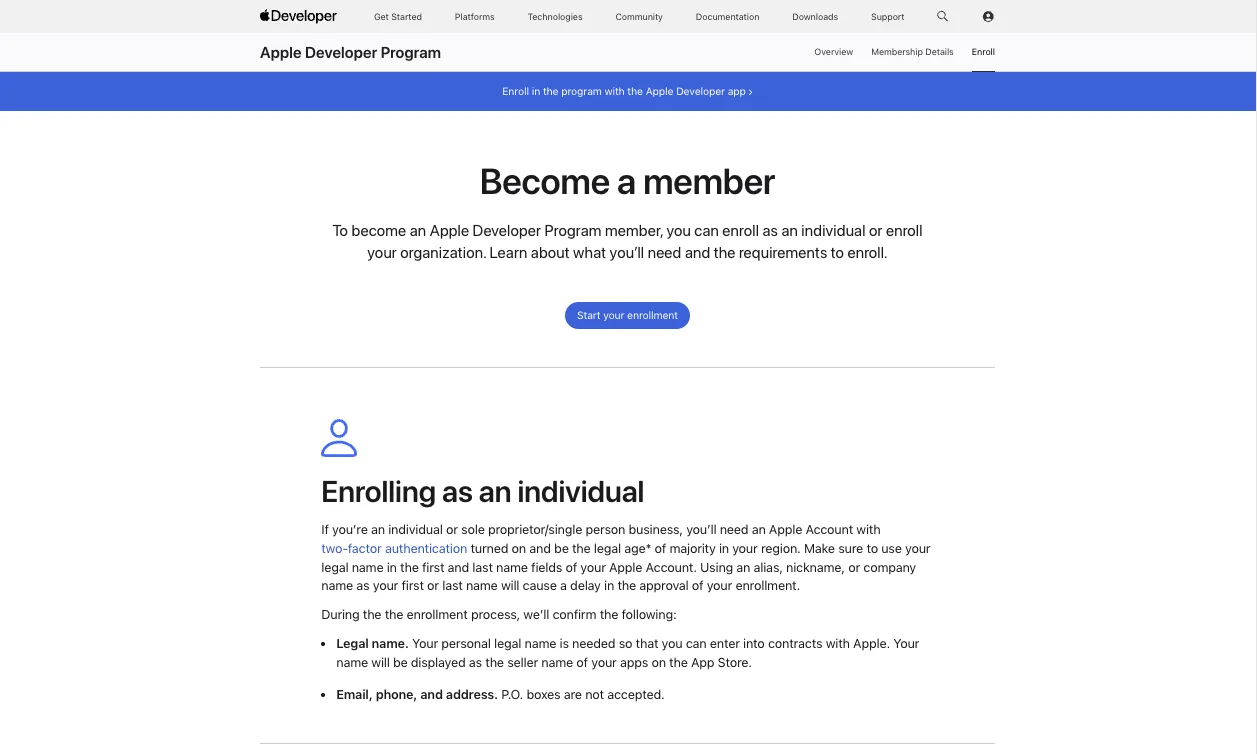 Página de inscripción del Apple Developer Program con el botón «Start your enrollment»