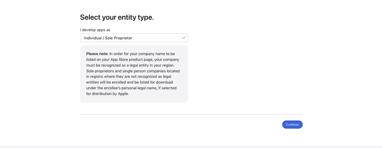Pantalla «Select your entity type» de Apple con el menú «I develop apps as» en la opción Individual / Sole Proprietor