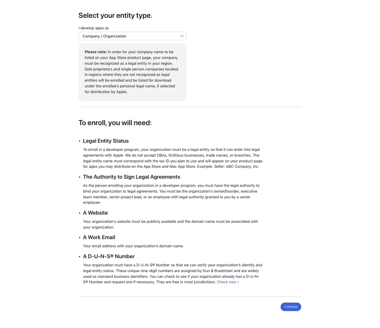 Pantalla «Select your entity type» de Apple con la opción Company / Organization y la lista de requisitos: entidad legal, autoridad para firmar, sitio web, email corporativo y número D-U-N-S