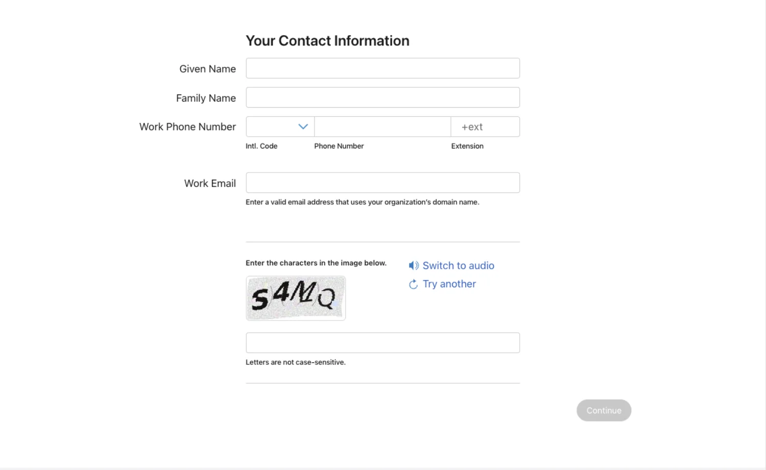Formulario de búsqueda de D-U-N-S de Apple: datos de contacto y captcha