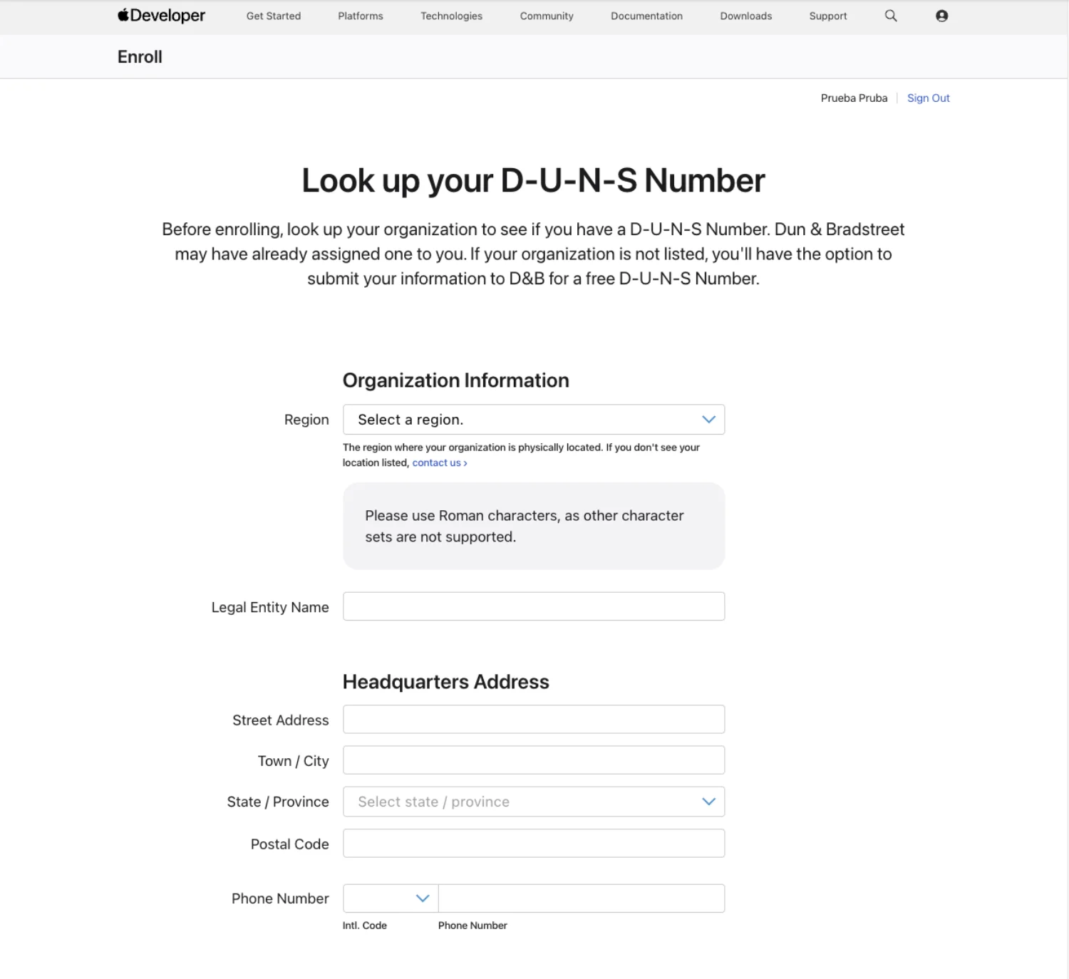Formulario de búsqueda de D-U-N-S de Apple: datos de la organización y domicilio
