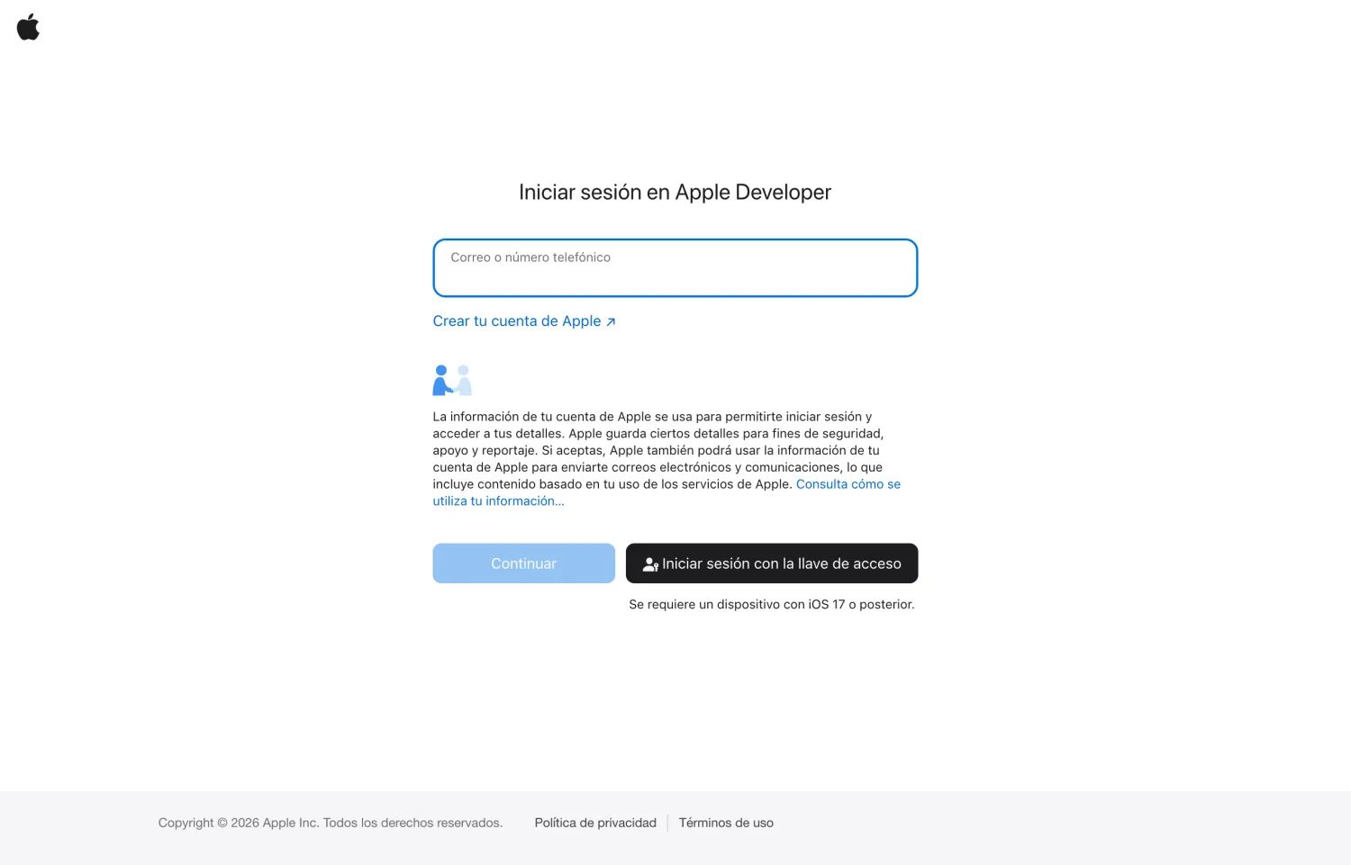 Pantalla de inicio de sesión del portal Apple Developer para buscar tu D-U-N-S