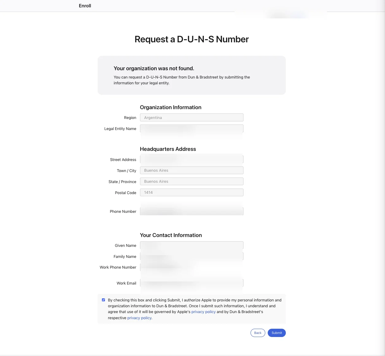Apple Developer muestra que la organización no fue encontrada y ofrece solicitar el D-U-N-S gratis