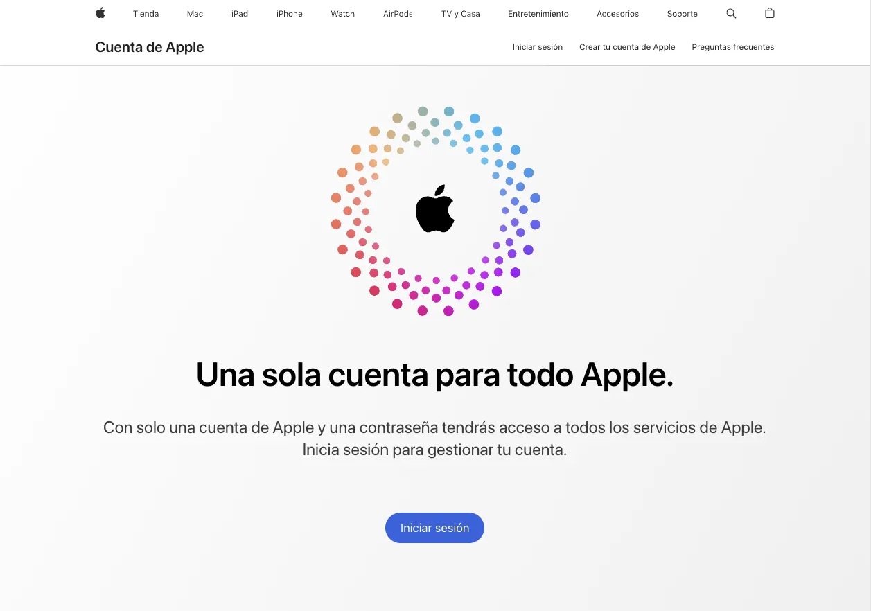 Página de inicio de la Cuenta de Apple en appleid.apple.com con el enlace «Crear tu cuenta de Apple»