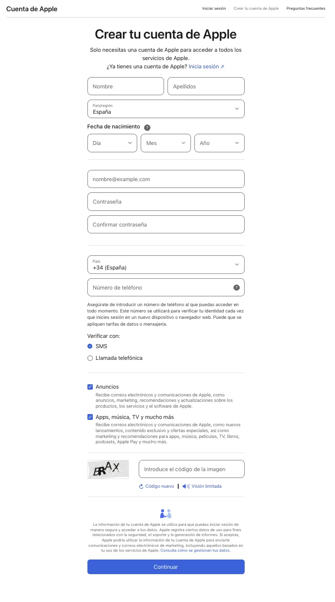 Formulario de creación de la Cuenta de Apple con los campos de nombre, país, fecha de nacimiento, correo, contraseña y teléfono