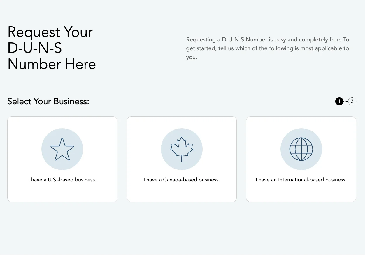 Pantalla de Dun & Bradstreet «Select Your Business» con las opciones U.S.-based, Canada-based e International-based