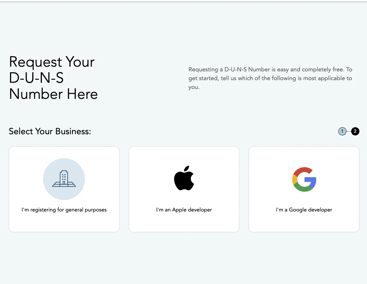 Segundo paso de Dun & Bradstreet con las opciones general purposes, Apple developer y Google developer